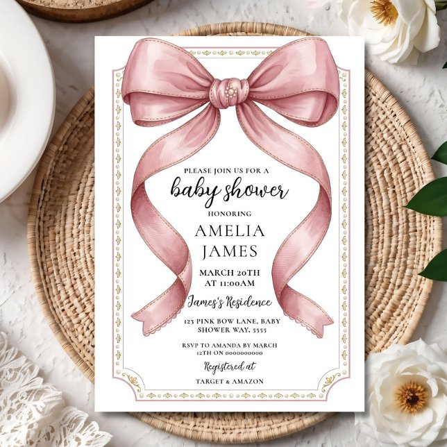 Blush Pink Bow Baby Shower Invitation Editable Ele Inbjudningar (Skapare uppladdad)