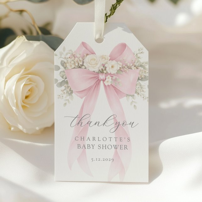Blush Pink Bow Baby Shower Thank you Presentetikett (Skapare uppladdad)