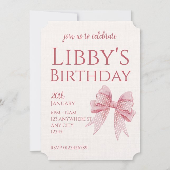 Blush Pink Bow Birthday  Inbjudningar (Framsida)