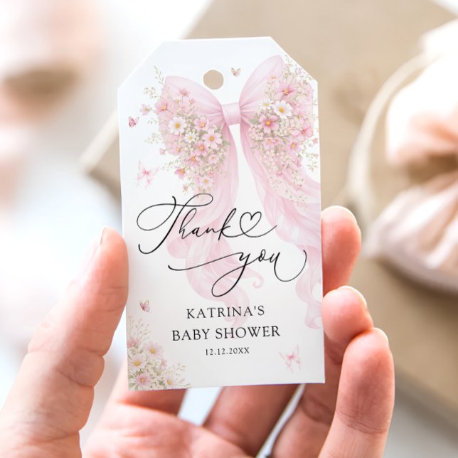 Blush Pink Bow Butterfly Baby Shower Thank You Presentetikett (Skapare uppladdad)