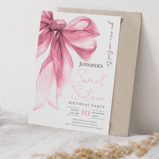 Blush Pink Bow Coquette Script Sweet 16 Party  Inbjudningar (Blush Pink Bow Coquette Script Sweet 16 Party Invitation)