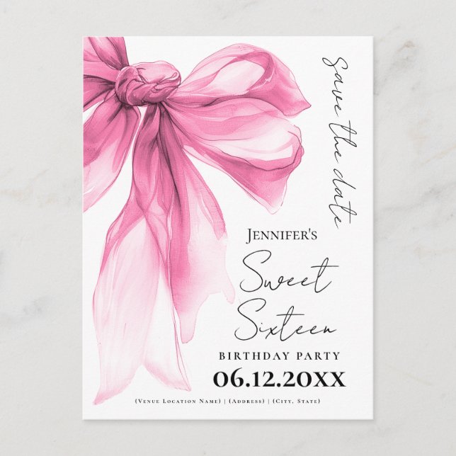 Blush Pink Bow Coquette Sweet 16 Save the Date  Vykort (Framsida)