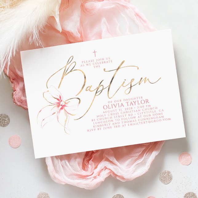 Blush Pink Bow Elegant Minimalist Girl Baptism Inbjudningar (Pink Bow Baptism Invitation)