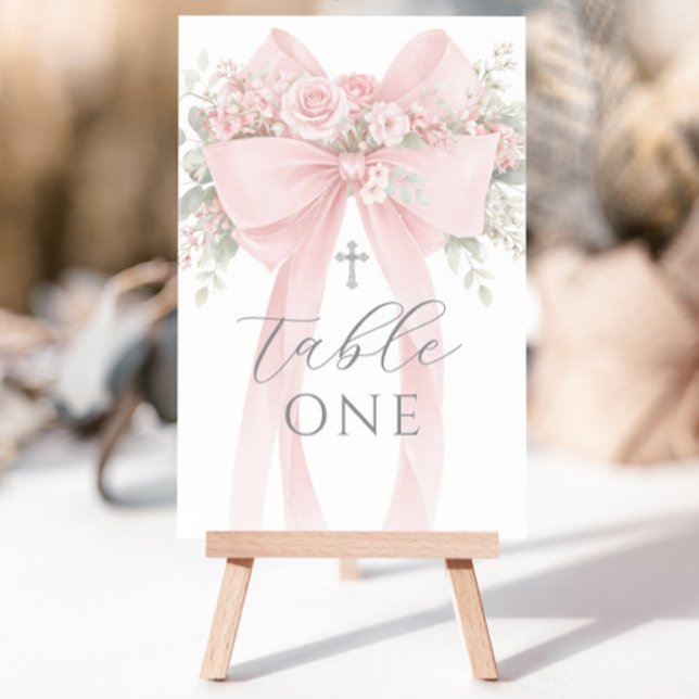 Blush Pink Bow Floral Baptism Table Number Inbjudningar (Skapare uppladdad)
