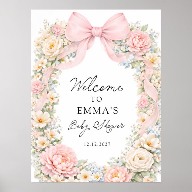 Blush Pink Bow Floral Coquette Baby Shower Welcome Poster (Framsidan)
