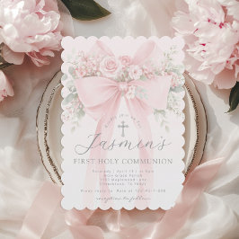 Blush Pink Bow Floral First Holy Communion Inbjudningar