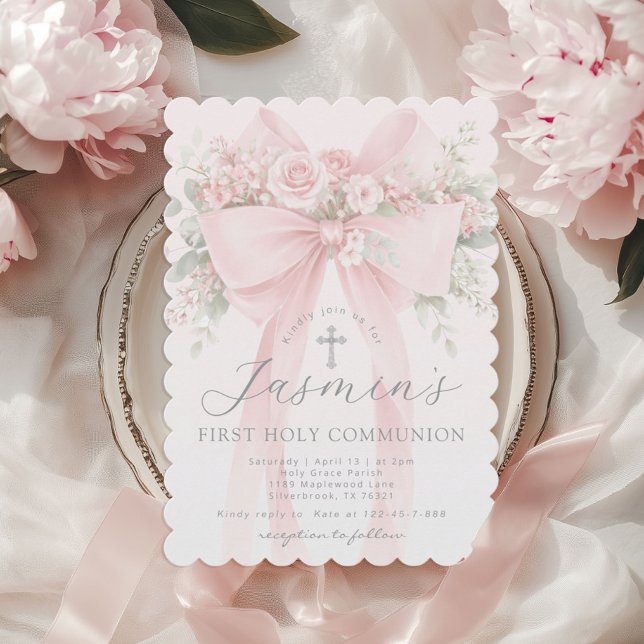 Blush Pink Bow Floral First Holy Communion Inbjudningar (Skapare uppladdad)