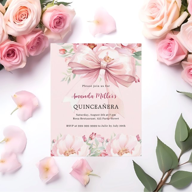 Blush pink bow florals Quinceanera invitation (Skapare uppladdad)