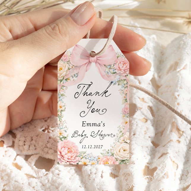 Blush Pink Bow Garden Baby Shower Thank you Presentetikett (Skapare uppladdad)