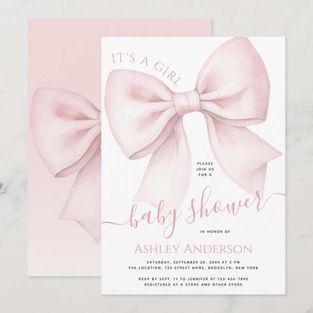 Blush Pink Bow It's a Girl Baby Shower Inbjudningar (Fram/baksida)