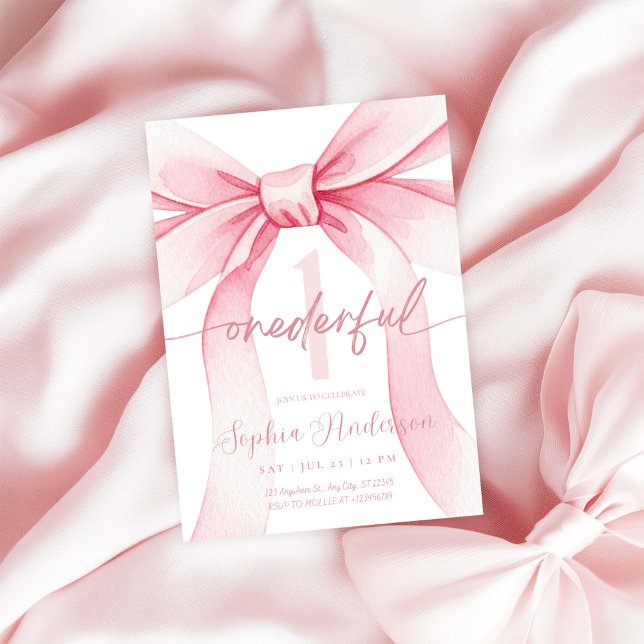 Blush Pink Bow Onederful 1st Birthday Inbjudningar (Skapare uppladdad)