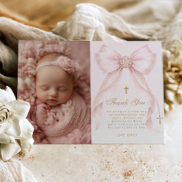 Blush Pink Bow Photo Baptism Thank you Card Inbjudningar
