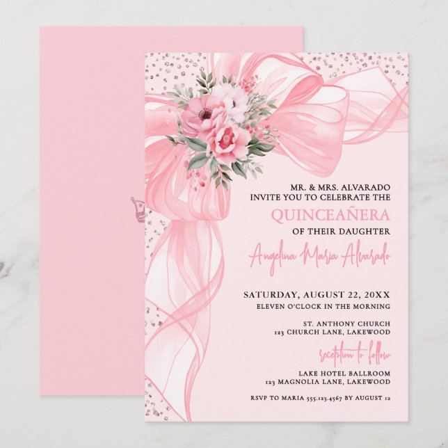 Blush Pink Bow Quinceanera Inbjudningar (Fram/baksida)