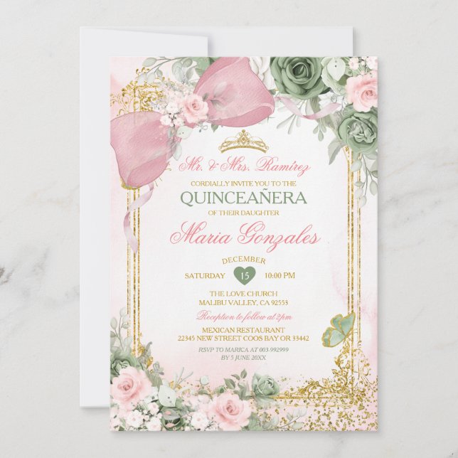 Blush Pink Bow & Sage Green Floral Quinceañera Inbjudningar (Framsida)