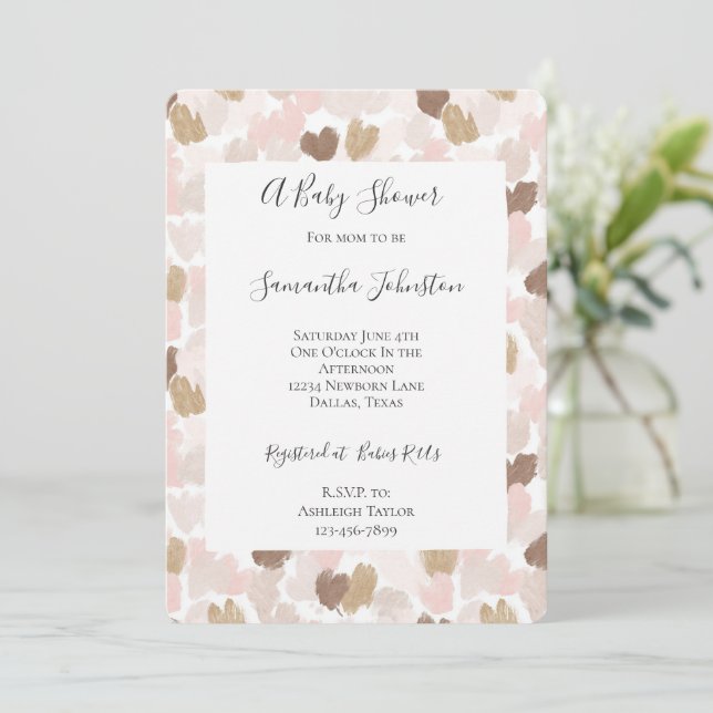 Blush Pink Brown Cream Hearts Baby Shower Inbjudningar (Stående Fram)