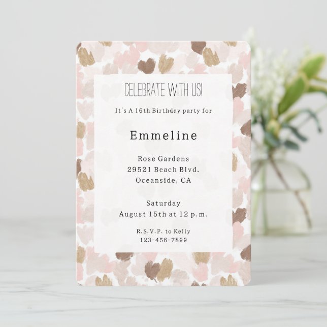Blush Pink Brown Cream Hearts Birthday Inbjudningar (Stående Fram)