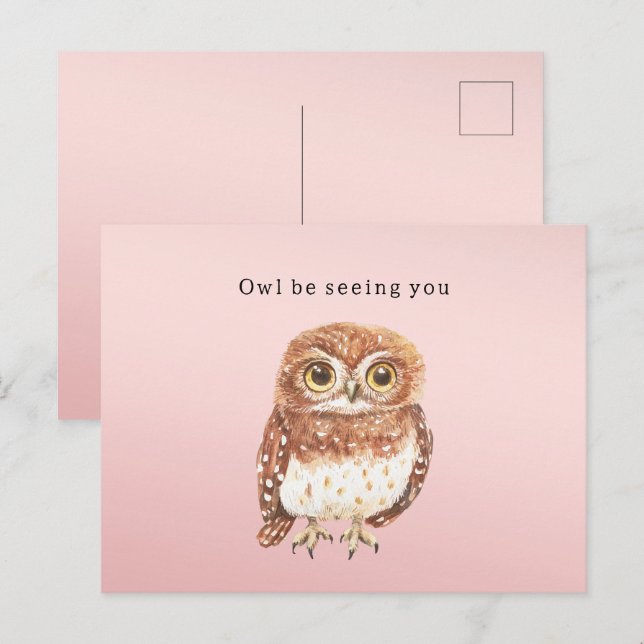Blush Pink Brown Owl I'll Be Seeing You Vykort (Fram/baksida)