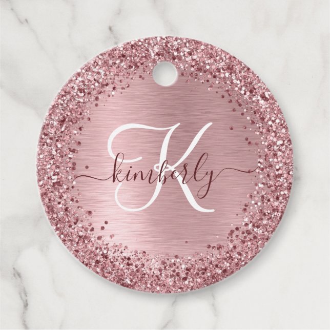Blush Pink Brushed Metal Glitter Monogram Name Gåvor Etiketter (Framsida)