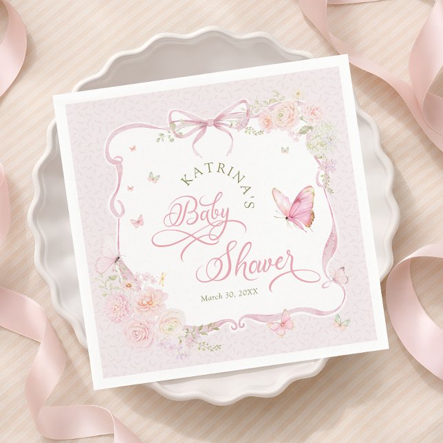 Blush Pink Butterfly Floral Girl Baby Shower Pappersservett (Skapare uppladdad)