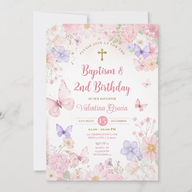 Blush Pink Butterfly Girl 2nd Birthday Baptism Inbjudningar (Framsida)