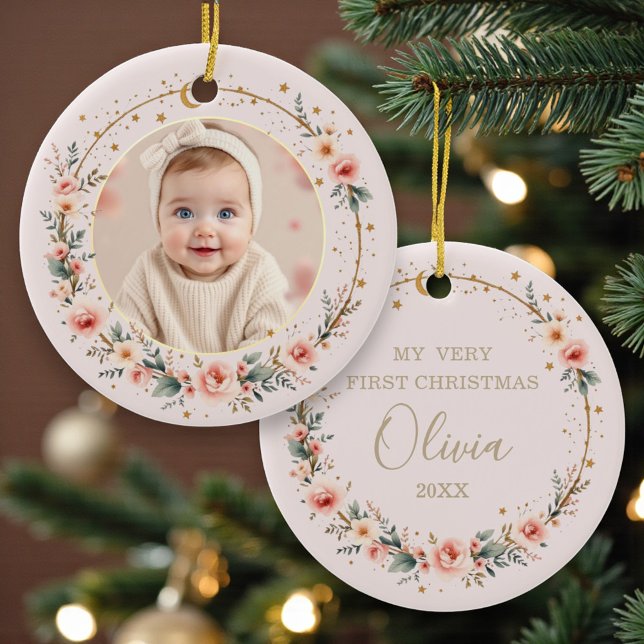 Blush Pink Celestial Baby First Christmas Photo Julgransprydnad Keramik (Skapare uppladdad)
