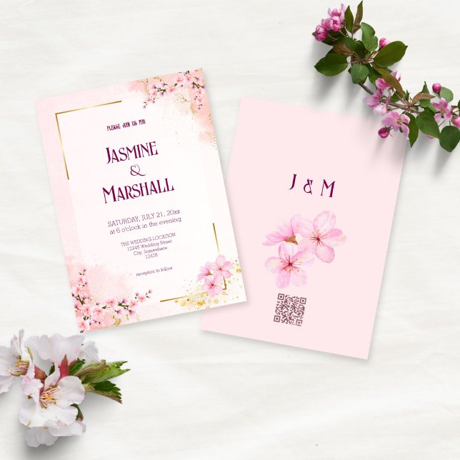 Blush Pink Cherry Blossom Gold Wedding Invitation Inbjudningar (Skapare uppladdad)