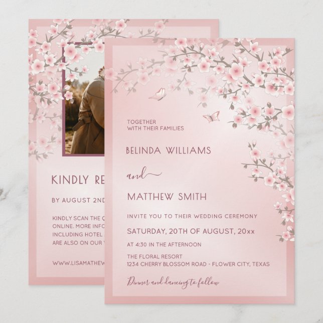 Blush Pink Cherry Blossom Photo Wedding Inbjudningar (Fram/baksida)