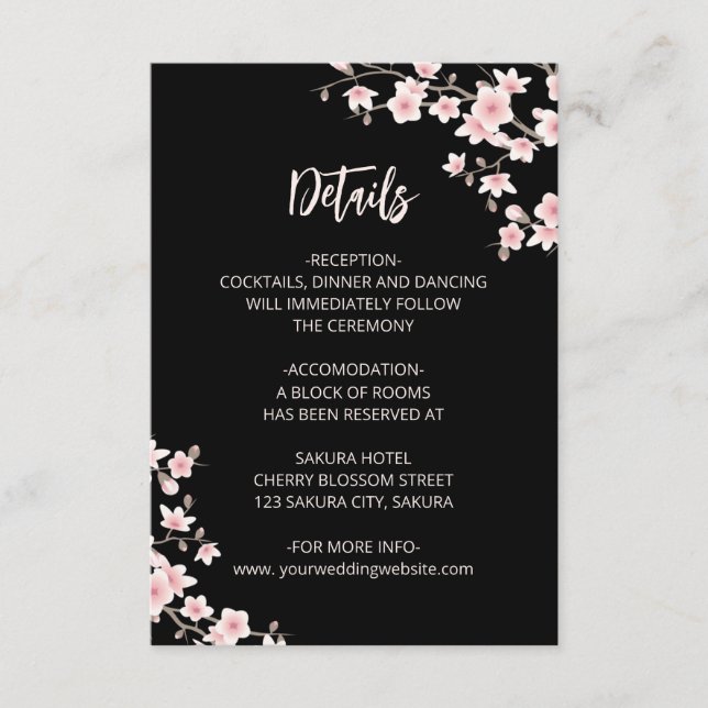 Blush Pink Cherry Blossoms Black Wedding Details Tilläggskort (Framsida)