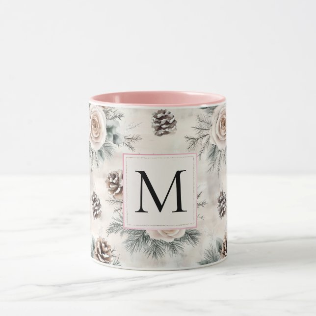 Blush Pink Christmas Pine Cones Floral Monogram Mugg (Center)
