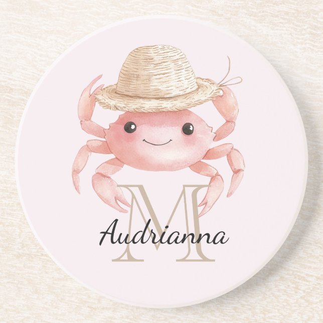 Blush Pink Crab with Hat Monogram Underlägg (Framsidan)