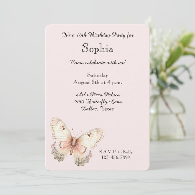 Blush Pink Cream Butterfly Birthday  Inbjudningar (Stående Fram)