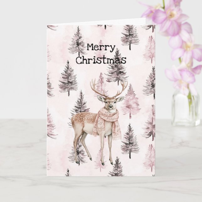 Blush Pink Cream Deer Scarf Christmas Trees Kort (Orkide)