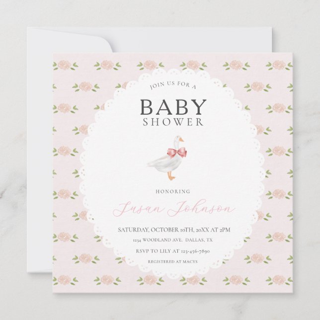 Blush Pink Delicate Floral White Goose Baby Shower Inbjudningar (Framsida)