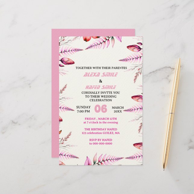 Blush Pink  Elegant Gold Wedding Invitation , Whit Brevpapper (Fram/Back In Situ)