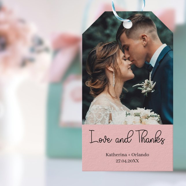 Blush Pink Elegant Wedding Love and Thanks Photo Presentetikett (Skapare uppladdad)