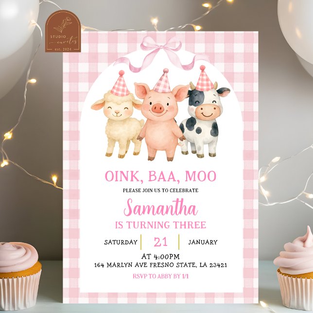 Blush Pink Farm Party Gingham Birthday Inbjudningar (Skapare uppladdad)
