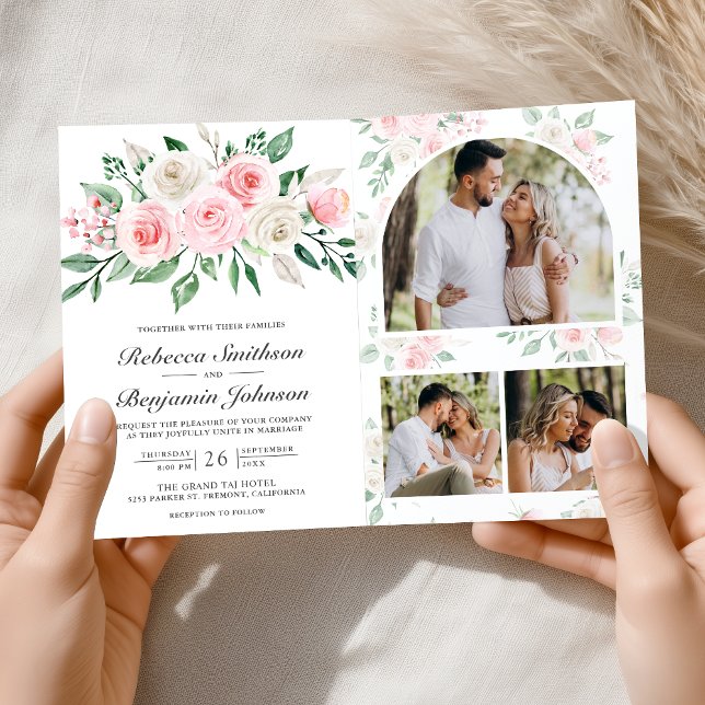 Blush Pink Floral All in One QR Code Wedding Inbjudan (Skapare uppladdad)