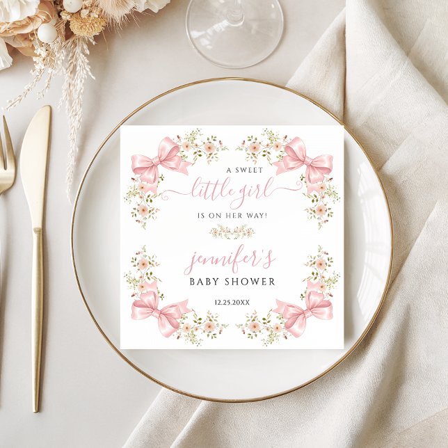 Blush Pink Floral Bow Baby Girl Shower Pappersservett (Skapare uppladdad)