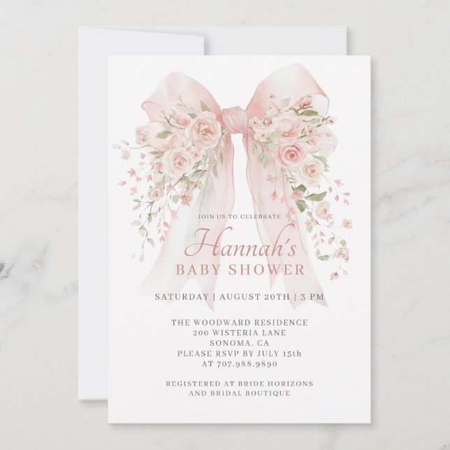 Blush Pink Floral Bow Girl Baby Shower Inbjudningar (Framsida)