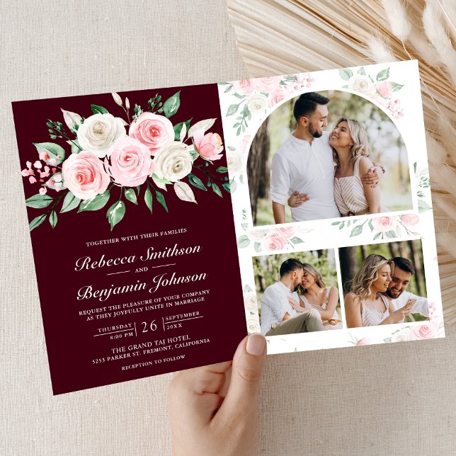 Blush Pink Floral Burgundy QR Code Wedding Inbjudan (Skapare uppladdad)