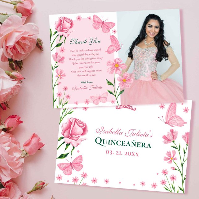 Blush Pink Floral Butterflies Photo Quinceañera Tack Kort (Blush Pink Floral Butterflies Photo Quinceañera Thank You Card)