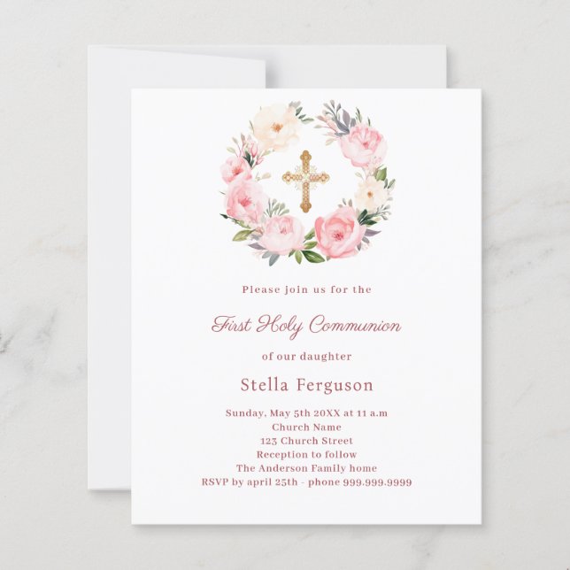 Blush pink floral cross First Communion invitation (Framsida)