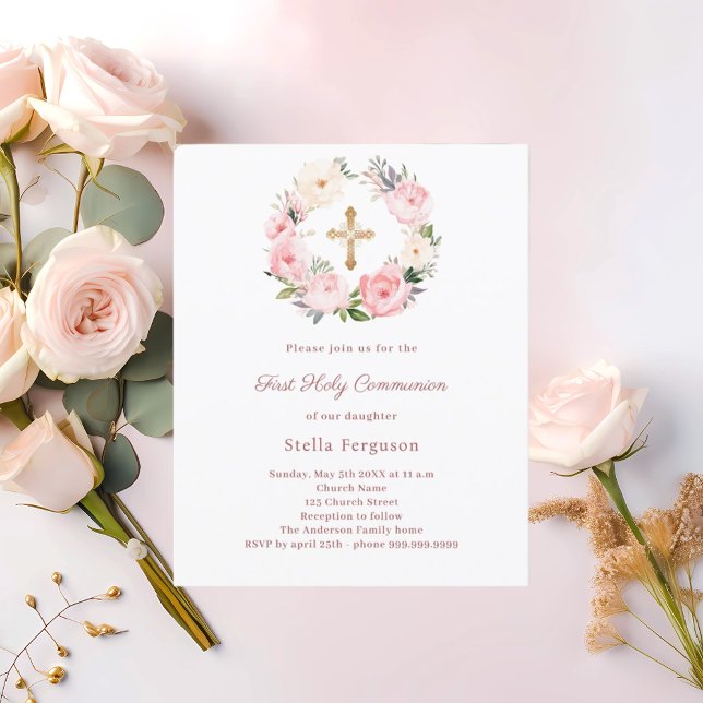 Blush pink floral cross First Communion invitation (Skapare uppladdad)