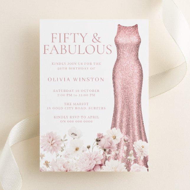 Blush Pink Floral & Dress 50th Birthday Party Inbjudningar (Skapare uppladdad)