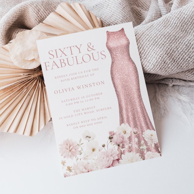 Blush Pink Floral & Dress 60th Birthday Party Inbjudningar (Skapare uppladdad)
