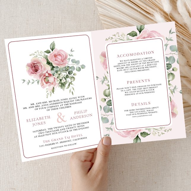 Blush Pink Floral Eucalyptus All in One Wedding Inbjudan (Skapare uppladdad)