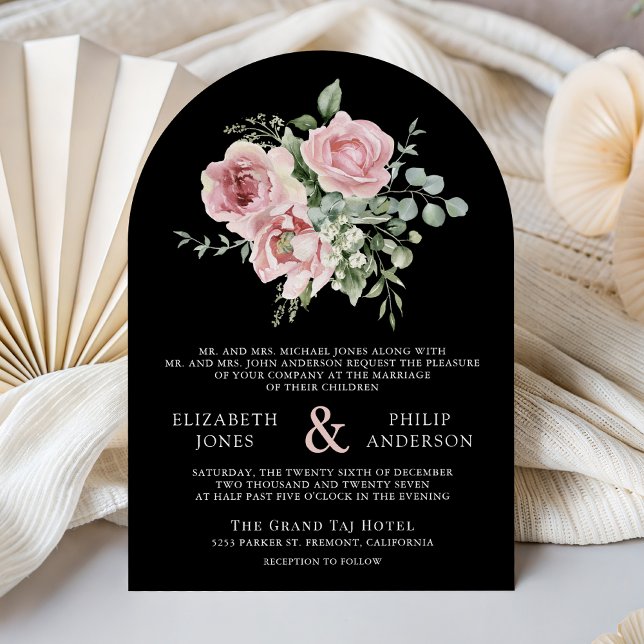 Blush Pink Floral Eucalyptus Black QR Code Wedding Inbjudningar (Skapare uppladdad)