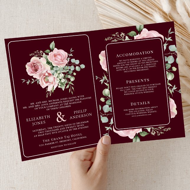 Blush Pink Floral Eucalyptus Burgundy Wedding Inbjudan (Skapare uppladdad)