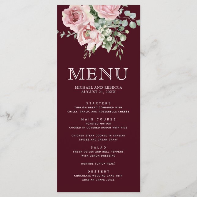 Blush Pink Floral Eucalyptus Burgundy Wedding Meny (Framsida)