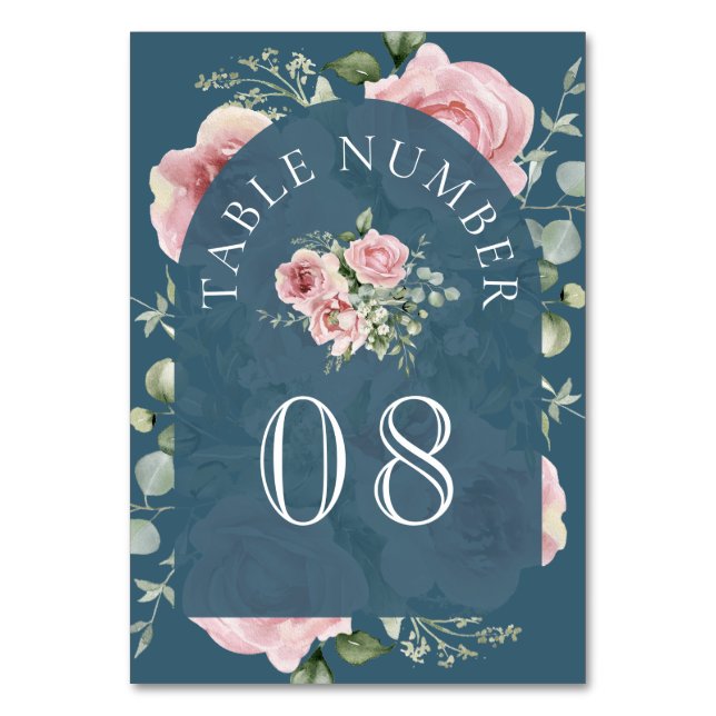 Blush Pink Floral Eucalyptus Dusty Blue Wedding Bordsnummer (Framsidan)